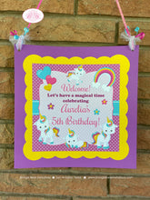 Load image into Gallery viewer, Rainbow Unicorn Birthday Party Door Banner Birthday Girl Pink Blue Yellow Purple Magic Mythology Pony Boogie Bear Invitations Aurelia Theme