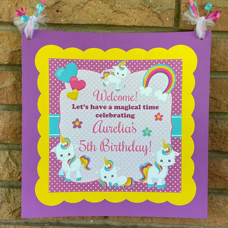 Rainbow Unicorn Birthday Party Door Banner Birthday Girl Pink Blue Yellow Purple Magic Mythology Pony Boogie Bear Invitations Aurelia Theme