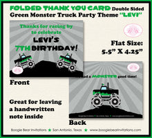 Load image into Gallery viewer, Green Monster Truck Birthday Party Thank You Card Black Favor Smash Up Show Arena Racing Crash Boogie Bear Invitations Levi Theme Printed