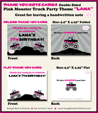 Load image into Gallery viewer, Pink Monster Truck Birthday Party Thank You Card Black Favor Demo Arena Rally Smash Up Crash Show Boogie Bear Invitations Lana Theme Printed