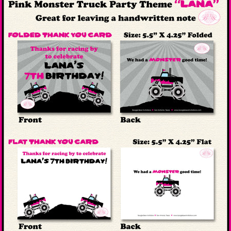 Pink Monster Truck Birthday Party Thank You Card Black Favor Demo Arena Rally Smash Up Crash Show Boogie Bear Invitations Lana Theme Printed