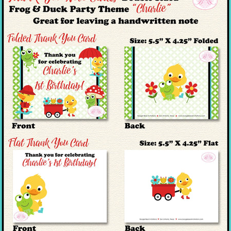 Frog Duck Party Thank You Card Birthday Girl Boy Red Wagon Spring Splash Garden Gardening Seed Boogie Bear Invitations Charlie Theme Printed