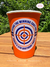 Load image into Gallery viewer, Toy Dart Gun Birthday Party Beverage Cups Paper Orange Blue Boy Girl Target Practice Fight Foam Bullseye Boogie Bear Invitations Chase Theme