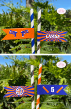 Load image into Gallery viewer, Toy Dart Gun Birthday Party Straws Pennant Paper Girl Boy Blue Orange Bullseye 4th 5th 6th 7th 8th 9th Boogie Bear Invitations Chase Theme
