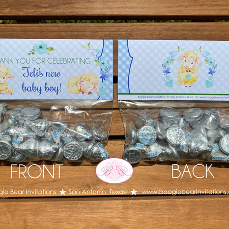 Blue Little Lamb Baby Shower Folded Treat Bag Toppers Label Farm Animals Sheep Flower Butterfly Boy Green Boogie Bear Invitations Teli Theme