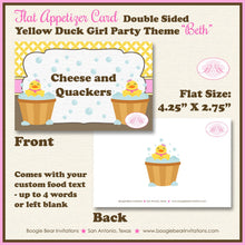 Load image into Gallery viewer, Yellow Rubber Duck Baby Shower Favor Card Tent Appetizer Food Little Duckie Ducky Pink Girl Bath Boogie Bear Invitations Beth Theme Printed
