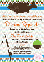 Load image into Gallery viewer, Bass Fish Fishing Baby Shower Invitation Boy Girl Chevron Reel Catch Bob Boogie Bear Invitations Duncan Theme Paperless Printable Printed