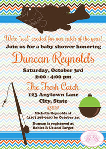 Bass Fish Fishing Baby Shower Invitation Boy Girl Chevron Reel Catch Bob Boogie Bear Invitations Duncan Theme Paperless Printable Printed