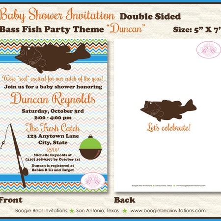 Bass Fish Fishing Baby Shower Invitation Boy Girl Chevron Reel Catch Bob Boogie Bear Invitations Duncan Theme Paperless Printable Printed