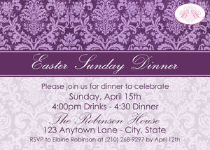 Purple Formal Easter Party Invitation Damask Stripe Lavender White 1st Boogie Bear Invitations Robinson Theme Paperless Printable Printed