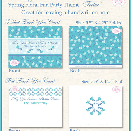 Flower Garden Easter Thank You Card Note Party Teal Aqua Blue White Floral Fan Lunch Dinner 1st Boogie Bear Invitations Foster Theme Printed