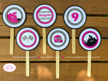 Load image into Gallery viewer, ATV Birthday Party Cupcake Toppers Quad Girl Pink Grey Black All Terrain Vehicle Off Road 4 Wheeler Boogie Bear Invitations Angela Theme