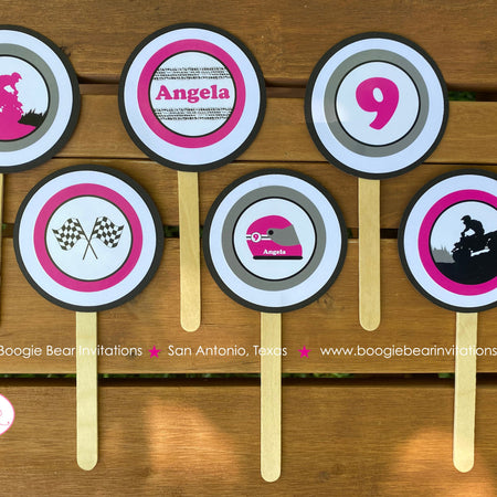 ATV Birthday Party Cupcake Toppers Quad Girl Pink Grey Black All Terrain Vehicle Off Road 4 Wheeler Boogie Bear Invitations Angela Theme