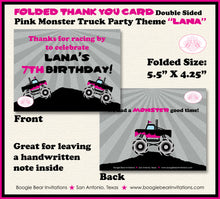 Load image into Gallery viewer, Pink Monster Truck Birthday Party Thank You Card Black Favor Demo Arena Rally Smash Up Crash Show Boogie Bear Invitations Lana Theme Printed