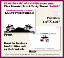 Load image into Gallery viewer, Pink Monster Truck Birthday Party Thank You Card Black Favor Demo Arena Rally Smash Up Crash Show Boogie Bear Invitations Lana Theme Printed