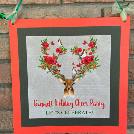 Christmas Deer Holiday Party Door Banner Winter Rose Birds Winter Tree Antlers Autumn Woodland Animals Boogie Bear Invitations Bennett Theme