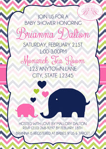 Pink Elephant Baby Shower Invitation Lime Green Navy Blue Girl Chevron 1st Boogie Bear Invitations Brianna Theme Paperless Printable Printed