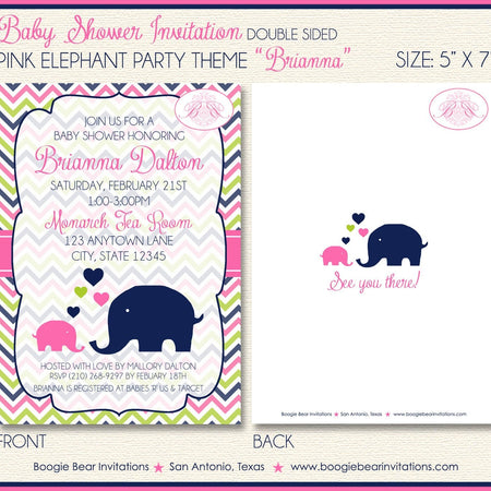 Pink Elephant Baby Shower Invitation Lime Green Navy Blue Girl Chevron 1st Boogie Bear Invitations Brianna Theme Paperless Printable Printed
