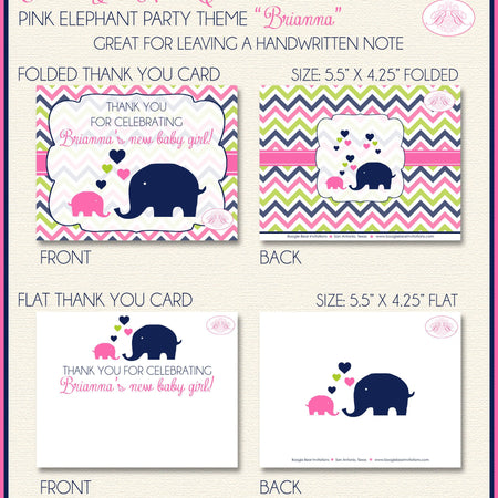 Pink Elephant Baby Shower Thank You Card Note Girl Party Chevron Navy Lime Green Love Girl 1st Boogie Bear Invitations Brianna Theme Printed