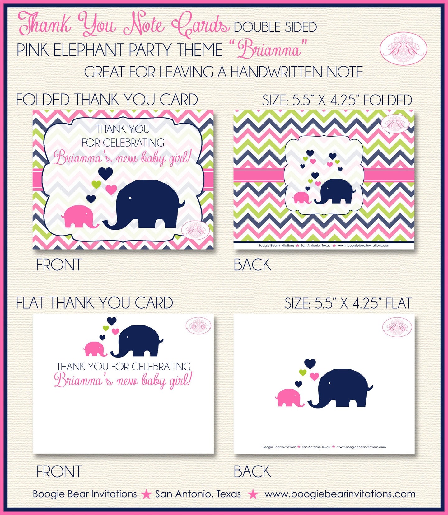 Pink Elephant Baby Shower Thank You Card Note Girl Party Chevron Navy Lime Green Love Girl 1st Boogie Bear Invitations Brianna Theme Printed