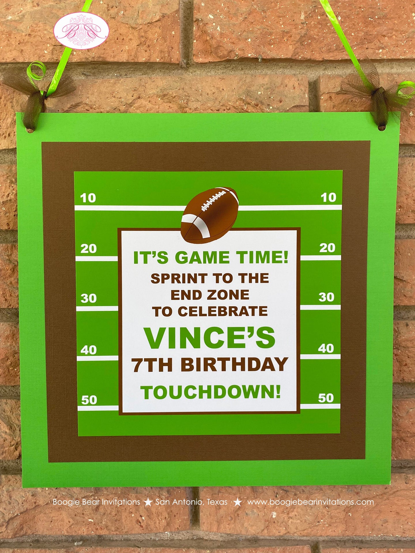 Football Birthday Party Door Banner Sports Touchdown Game Time Quarterback Green Brown Pro Team Field Boogie Bear Invitations Vince Theme