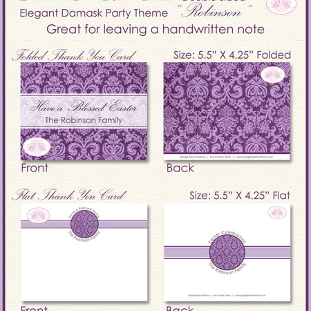 Purple Formal Easter Thank You Card Note Party Damask Family Dinner Lavender Eggplant White Boogie Bear Invitations Robinson Theme Printed