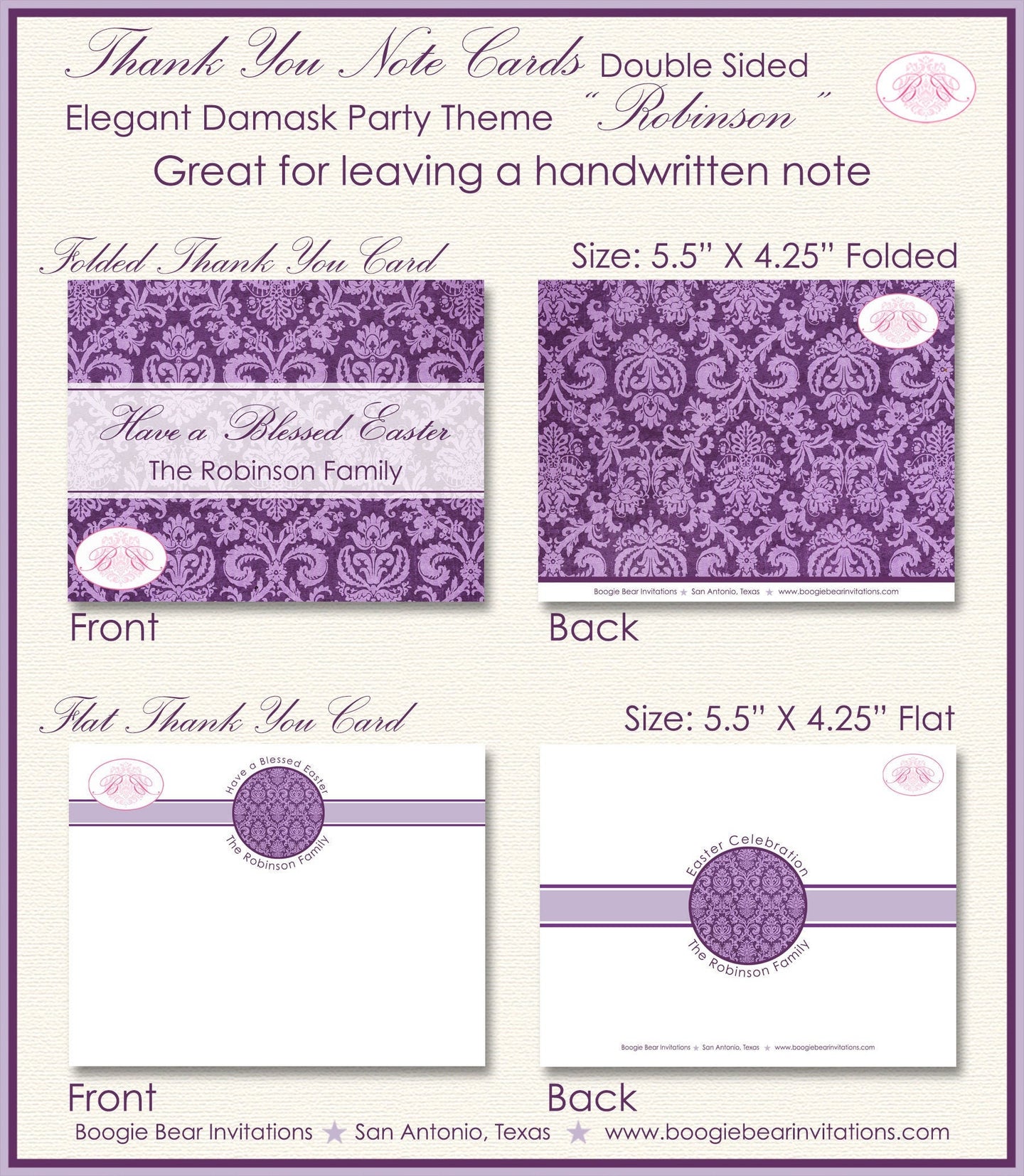 Purple Formal Easter Thank You Card Note Party Damask Family Dinner Lavender Eggplant White Boogie Bear Invitations Robinson Theme Printed