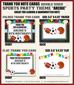 Sports Birthday Party Thank You Card Boy Girl Chalkboard Basketball Football Soccer Baseball Boogie Bear Invitations Archie Theme Printed