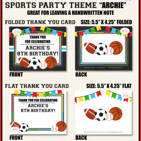 Sports Birthday Party Thank You Card Boy Girl Chalkboard Basketball Football Soccer Baseball Boogie Bear Invitations Archie Theme Printed