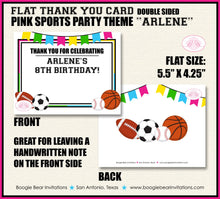 Load image into Gallery viewer, Sports Birthday Party Thank You Card Pink Chalkboard School Basketball Football Soccer Baseball Boogie Bear Invitations Arlene Theme Printed