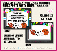 Load image into Gallery viewer, Sports Birthday Party Thank You Card Pink Chalkboard School Basketball Football Soccer Baseball Boogie Bear Invitations Arlene Theme Printed