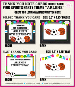 Sports Birthday Party Thank You Card Pink Chalkboard School Basketball Football Soccer Baseball Boogie Bear Invitations Arlene Theme Printed