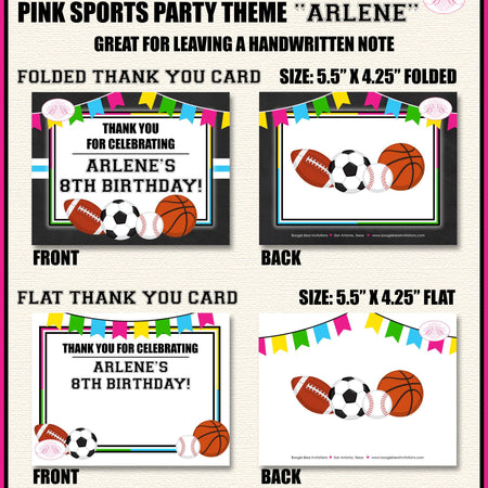 Sports Birthday Party Thank You Card Pink Chalkboard School Basketball Football Soccer Baseball Boogie Bear Invitations Arlene Theme Printed
