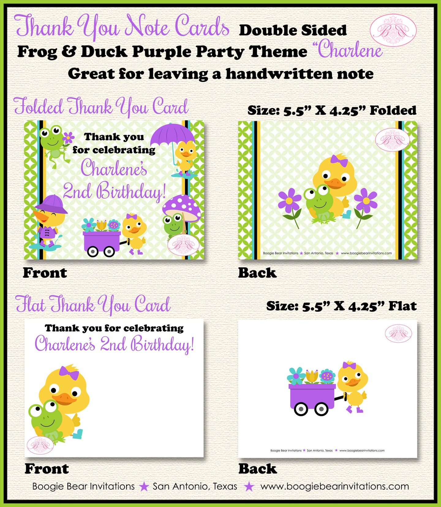 Frog Duck Party Thank You Card Birthday Girl Purple Spring Splash Garden Galoshes Umbrella Boogie Bear Invitations Charlene Theme Printed