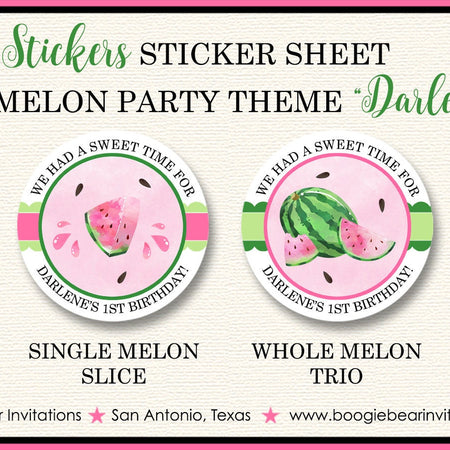 Pink Watermelon Party Stickers Circle Sheet Birthday Girl One In a Melon Two Sweet Picnic Fruit Summer Boogie Bear Invitations Darlene Theme