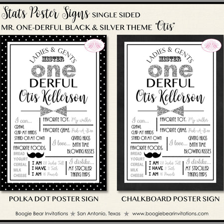 Mr Wonderful Birthday Party Sign Poster Frameable Chalkboard Stats Onederful Boy derful Black Silver 1st Boogie Bear Invitations Otis Theme