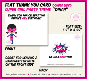 Pink Super Girl Birthday Party Thank You Card Superhero Supergirl Comic Masked Cape Hero Friends Boogie Bear Invitations Dinah Theme Printed
