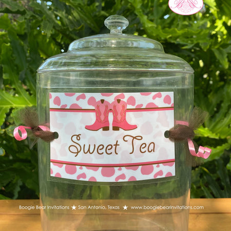 Pink Cowgirl Party Beverage Card Wrap Drink Label Sign Birthday Girl Country Farm Cow Print Barn Ranch Boogie Bear Invitations Molly Theme