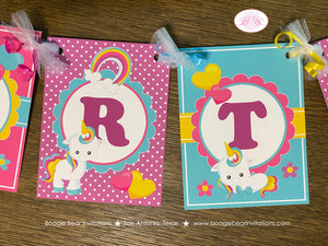 Rainbow Unicorn Birthday Party Banner Happy Girl Pink Yellow Blue Purple Polka Dot Kids Magic Heart Boogie Bear Invitations Aurelia Theme