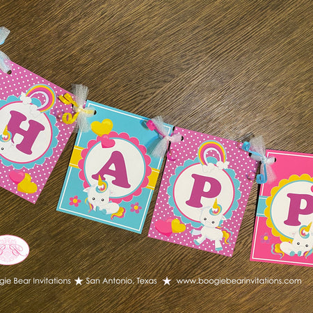 Rainbow Unicorn Birthday Party Banner Happy Girl Pink Yellow Blue Purple Polka Dot Kids Magic Heart Boogie Bear Invitations Aurelia Theme