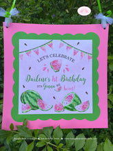 Load image into Gallery viewer, Pink Watermelon Birthday Party Door Banner Birthday Girl One In a Melon Two Sweet Green Summer Fruit Boogie Bear Invitations Darlene Theme