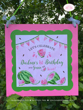 Load image into Gallery viewer, Pink Watermelon Birthday Party Door Banner Birthday Girl One In a Melon Two Sweet Green Summer Fruit Boogie Bear Invitations Darlene Theme