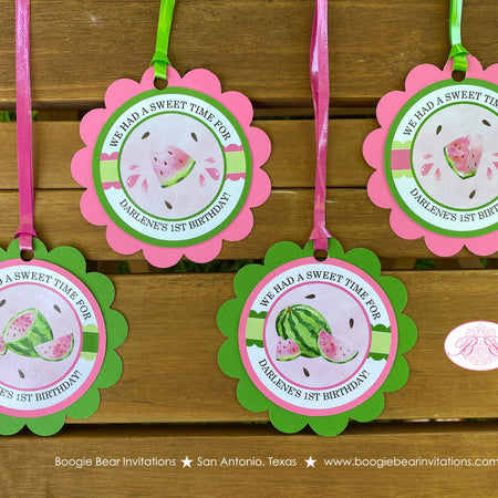 Pink Watermelon Party Favor Tags Birthday Girl One In a Melon Two Sweet Green Summer Fruit Boogie Bear Invitations Darlene Theme