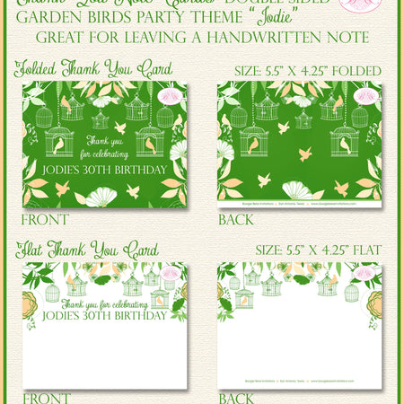 Bird Flower Garden Party Thank You Card Birthday Woodland Forest Green Birdcage Peach Spring Cage Flower Boogie Bear Invitations Jodie Theme