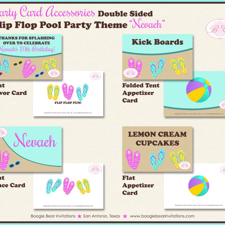 Flip Flop Pool Birthday Favor Party Card Tent Place Food Tag Beach Ball Girl Pink Yellow Purple Aqua Boogie Bear Invitations Nevaeh Theme