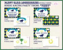 Load image into Gallery viewer, Horse Racing Birthday Party Favor Card Tent Appetizer Place Sign Kentucky Derby Yellow Green Blue Jockey Boogie Bear Invitations Vinny Theme