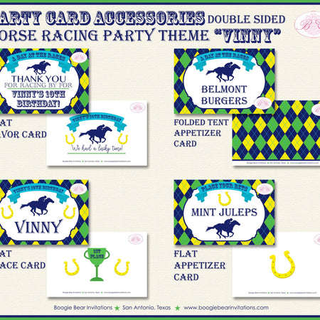 Horse Racing Birthday Party Favor Card Tent Appetizer Place Sign Kentucky Derby Yellow Green Blue Jockey Boogie Bear Invitations Vinny Theme