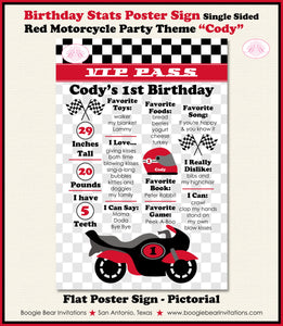 Motorcycle Birthday Party Sign Stats Poster Flat Frameable Chalkboard Milestone Black Red Girl Boy 1st Boogie Bear Invitations Cody Theme
