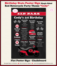 Load image into Gallery viewer, Motorcycle Birthday Party Sign Stats Poster Flat Frameable Chalkboard Milestone Black Red Girl Boy 1st Boogie Bear Invitations Cody Theme