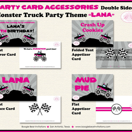 Monster Truck Birthday Party Favor Card Tent Food Appetizer Place Folded Girl Pink Black Silver Boogie Bear Invitations Lana Theme Printed